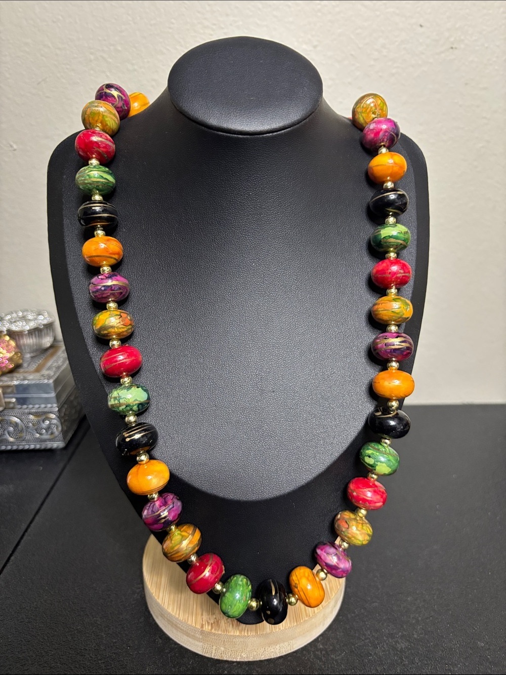 Vintage Vibrant Multicolor Beaded Necklace Gold Accents Statement Women Jewelry